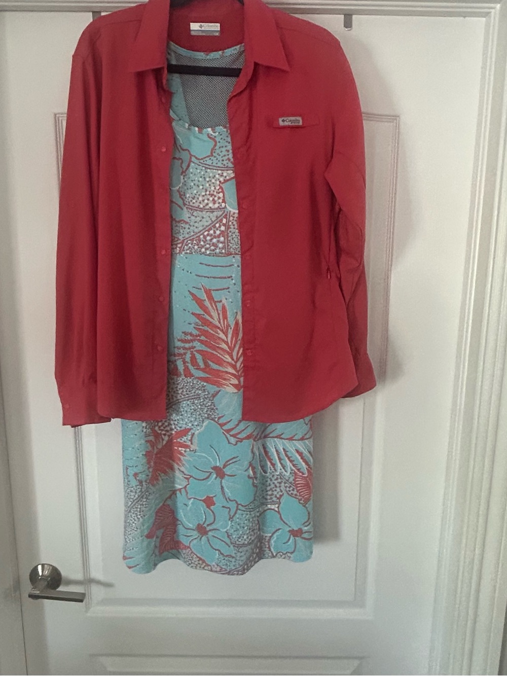 Columbia Coral Red Button-Up Overlayer with Aqua Floral Midi Dress